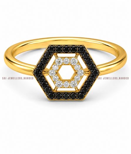 Hexagon Black & White Gold Ring view 2