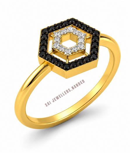 Hexagon Black & White Gold Ring view 3