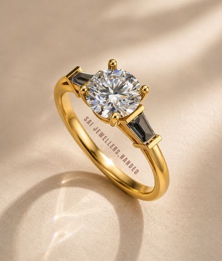 Three Stone Solitaire Gold Ring - View 1