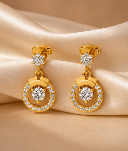Circular Halo Drop Gold Earrings - View 1