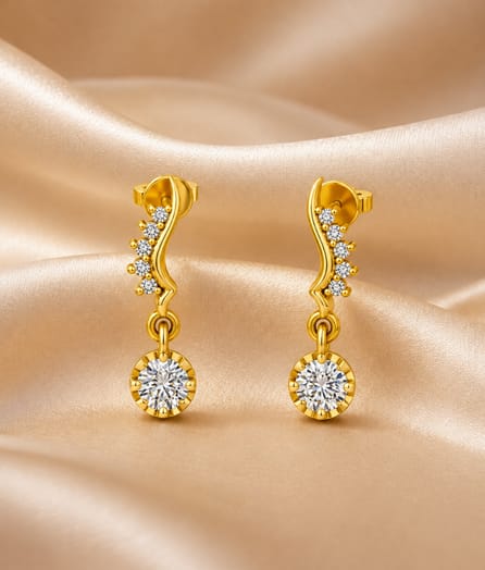 Curved Floral Drop Gold Earrings - View 1