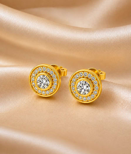 Round Halo Stud Gold Earrings - View 1