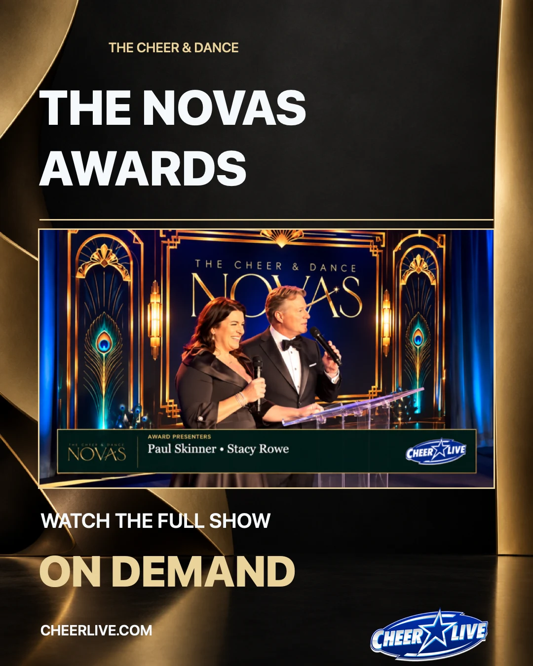 NOVAS Awards replay featuring presenters Paul Skinner and Stacy Rowe on the broadcast stage.