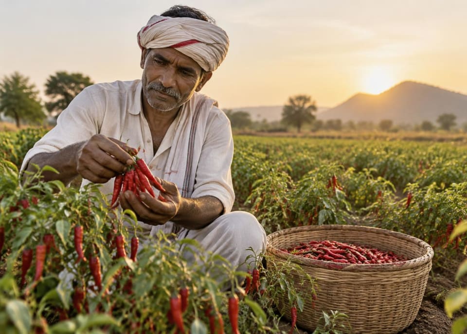 Gujarat farmer selecting red chillies in the field