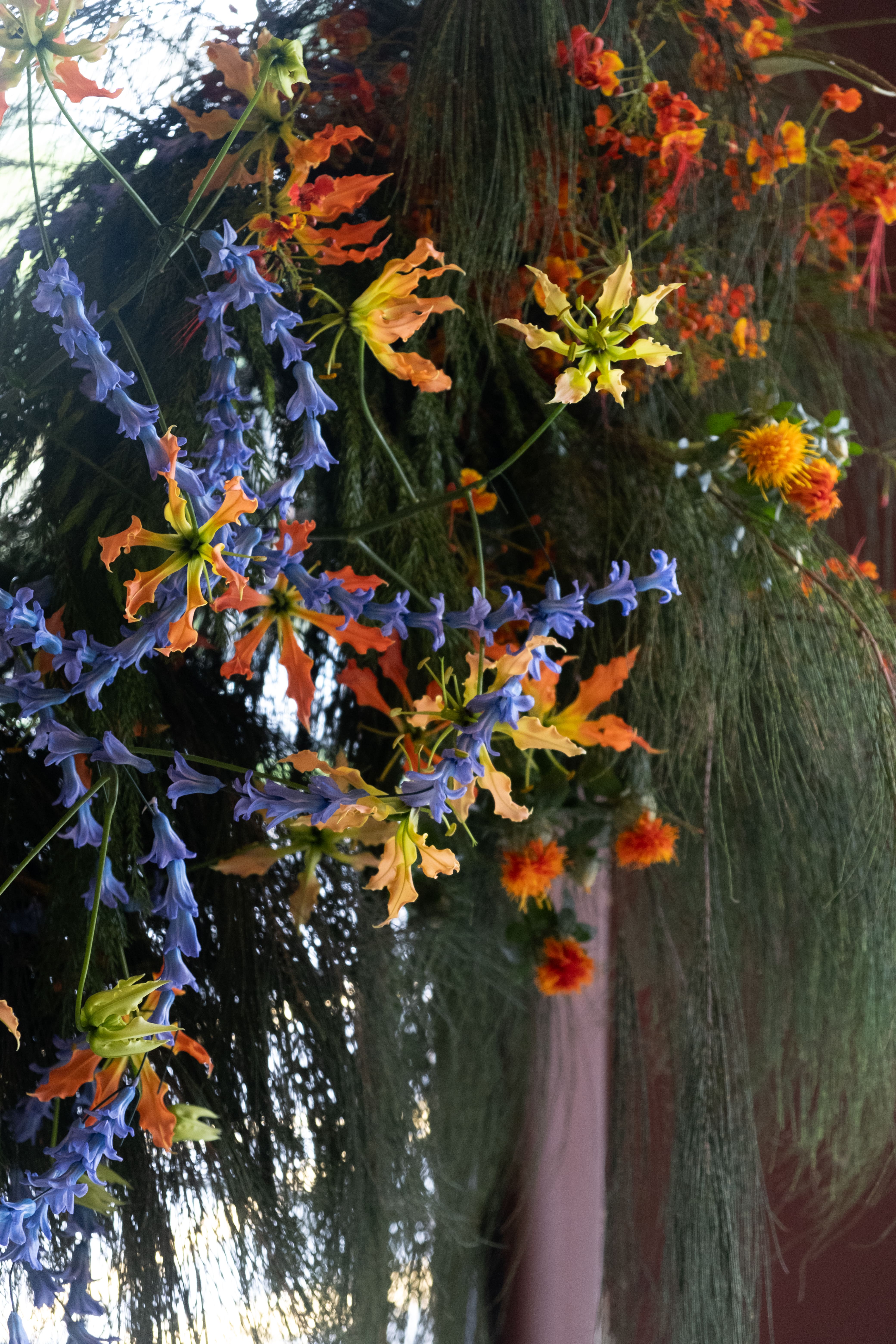 Close-up backdrop arrangement with vibrant blue and orange gloriosa lilies.