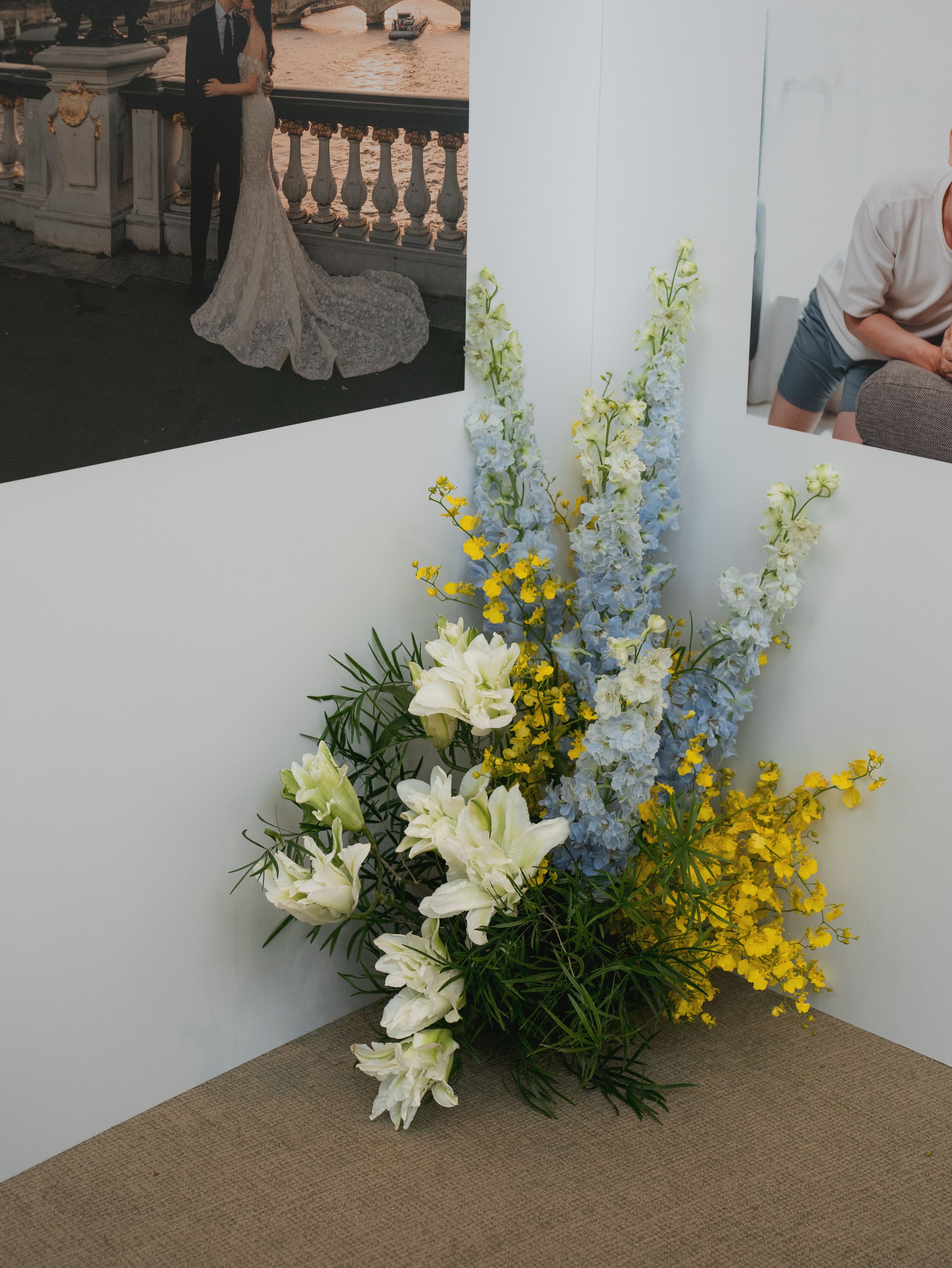 Floral arrangement as visual anchor for wedding gallery