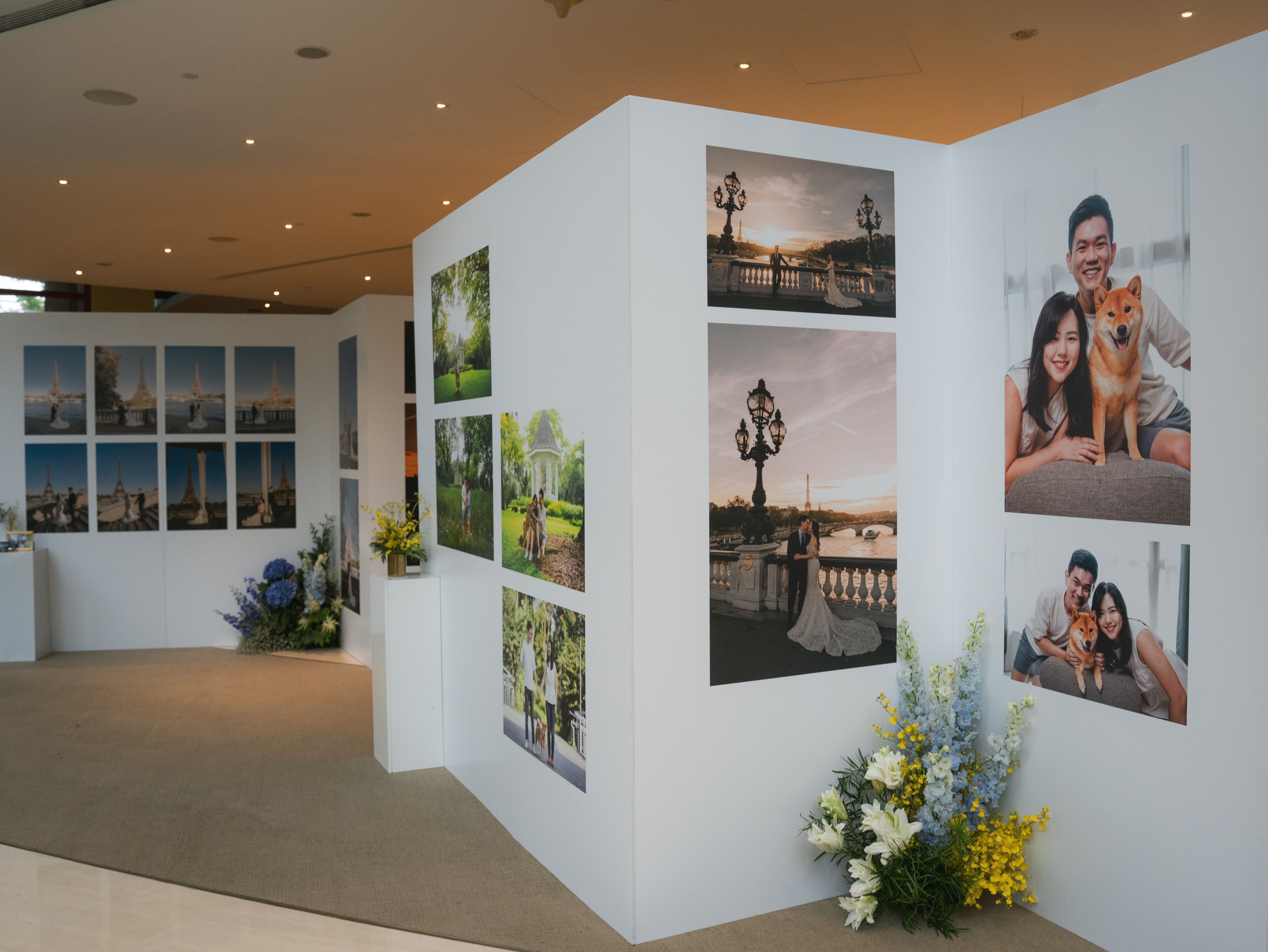 Wedding photo gallery with blue and yellow flower clusters
