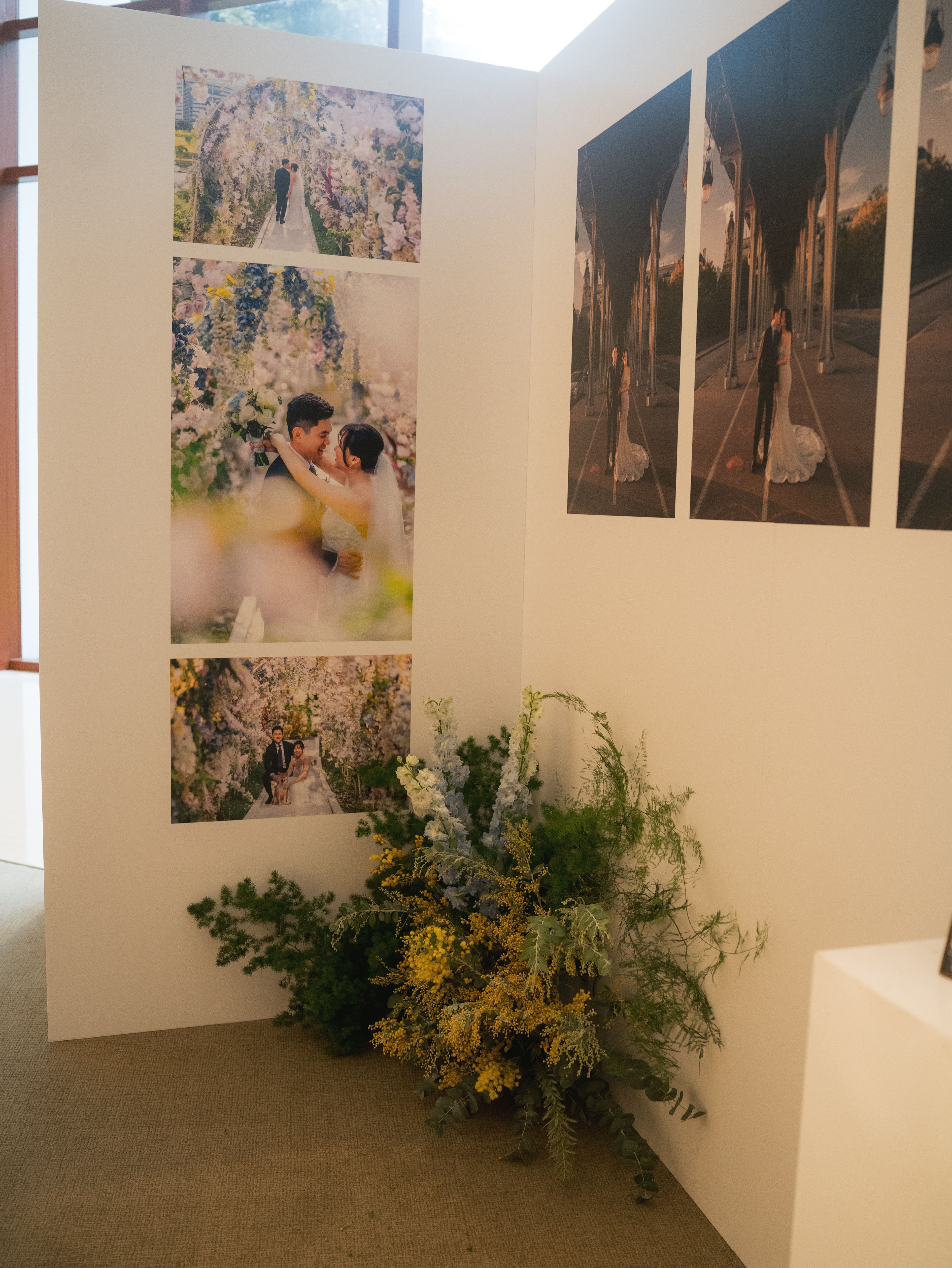 Corner vignette with framed couple photo and floral styling