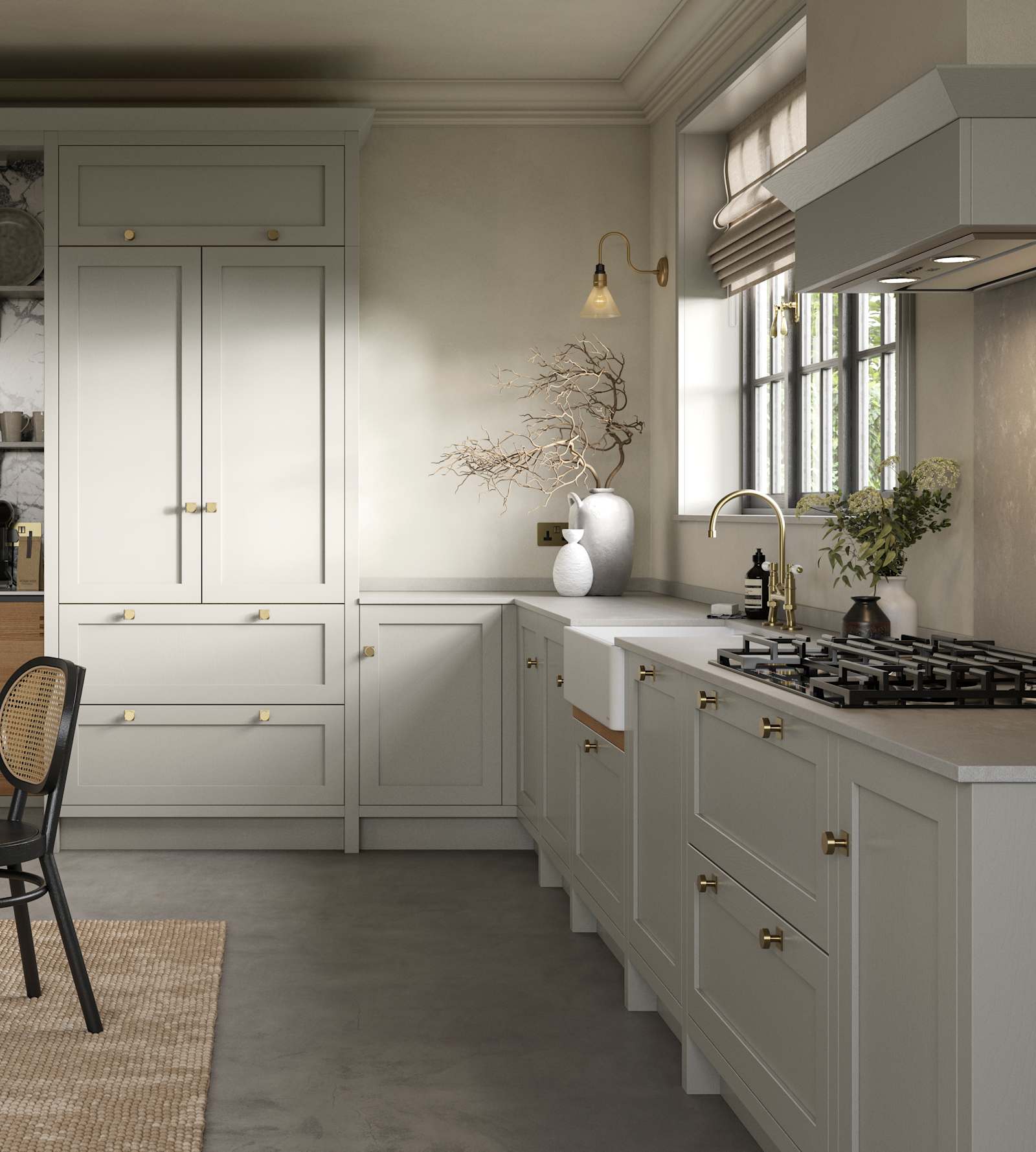 A neutral Shaker kitchen with Pebble and Nordic Craft cabinetry.