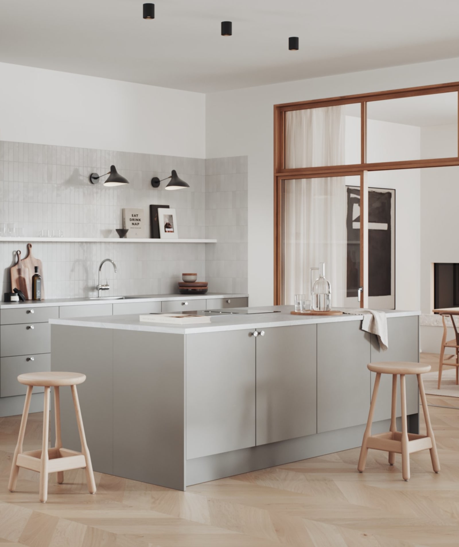 Hyperpraktisk grå kjøkken med renholdsvennlige fronter i malt slett MDF.