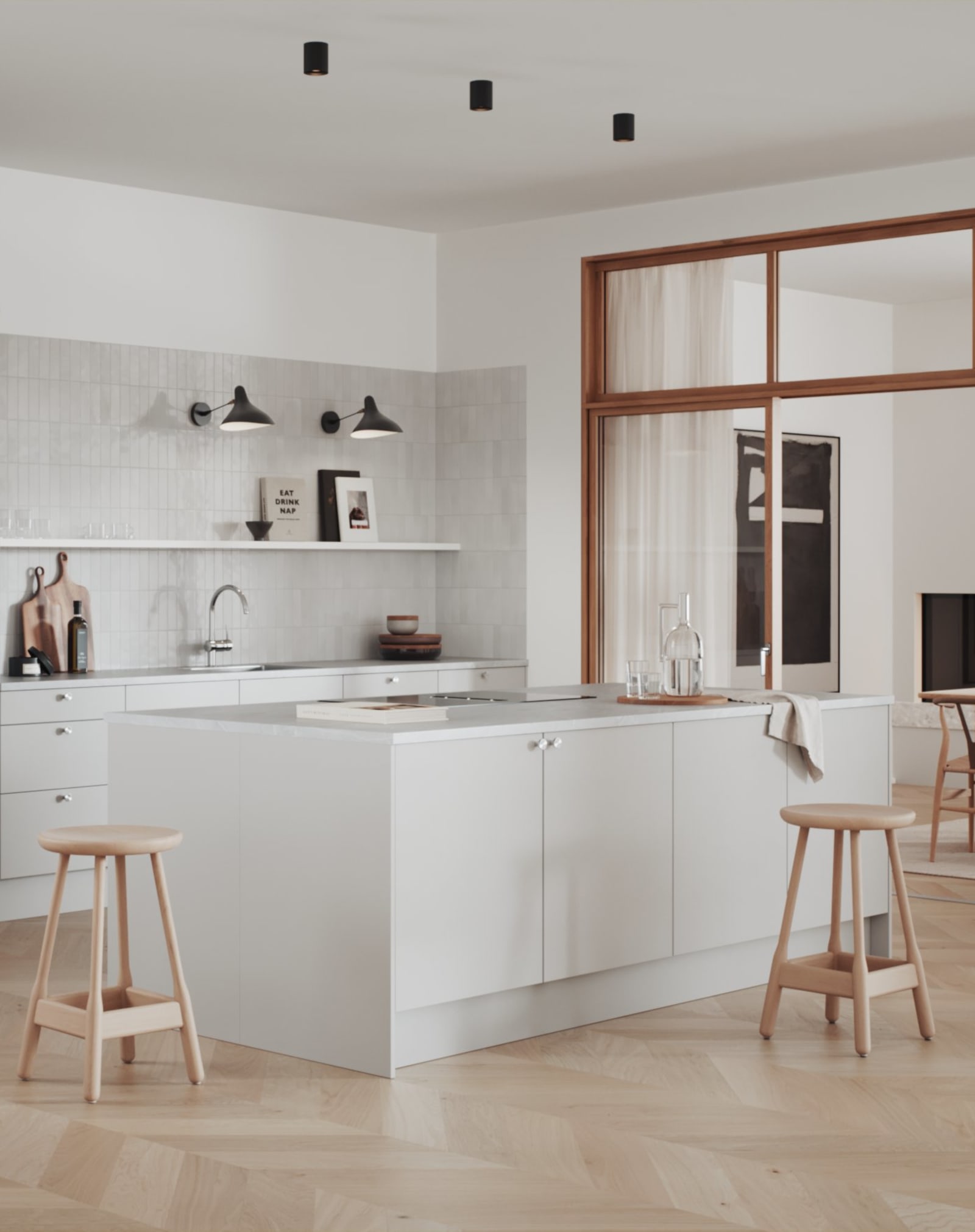 Hyperpraktisk lys grå kjøkken med renholdsvennlige fronter i malt slett MDF.