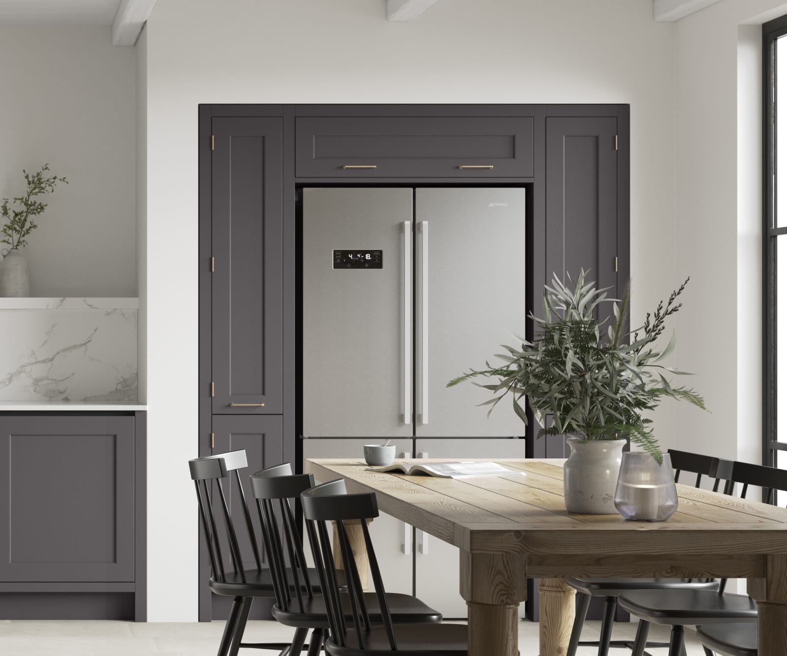 Integra Ludlow in shades Cashmere Sweater and Charcoals, a contemporary take on a Shaker kitchen, where the premium frontal features panelled doors with integrated handles.