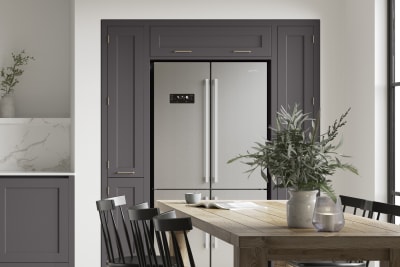 Integra Ludlow in shades Cashmere Sweater and Charcoals, a contemporary take on a Shaker kitchen, where the premium frontal features panelled doors with integrated handles.