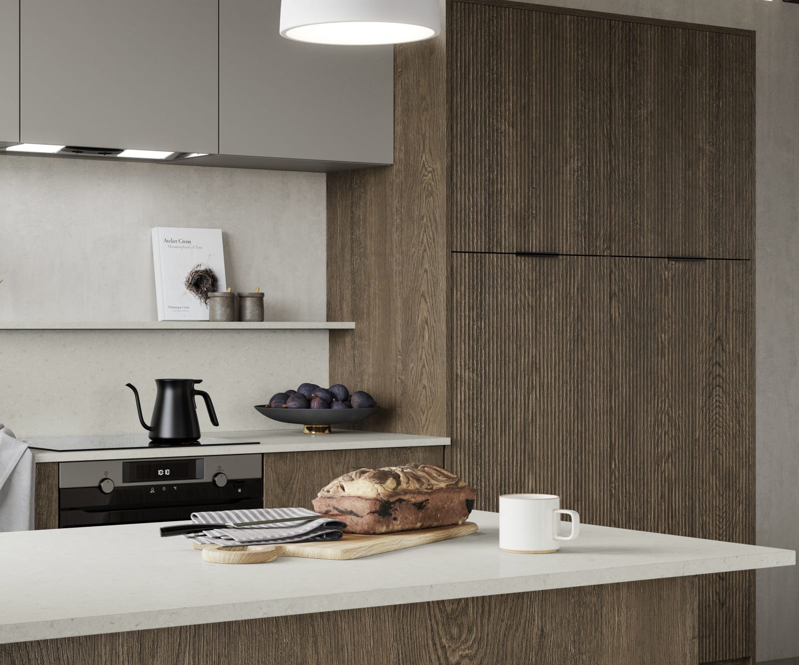 Magnet Kitchens 2021 Nordic Nature range with Fluted oak doors and Integra Hoxton Pebble cabinets with Dekton Aeri worktop