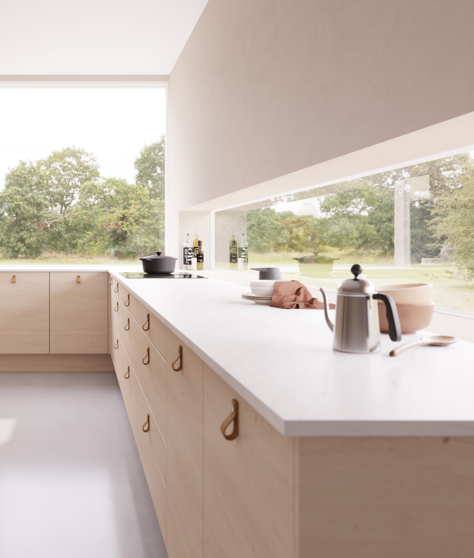 Norema kjøkken Trapes ask moderne lyst kjøkken kjøkken med skinnhåndtak hyttekjøkken