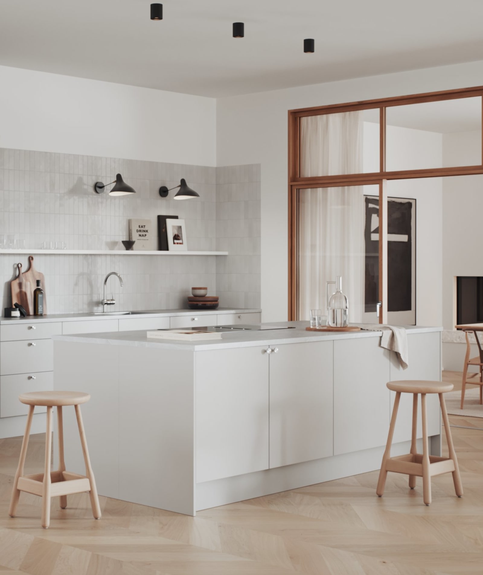 Hyperpraktisk lys grå kjøkken med renholdsvennlige fronter i malt slett MDF.