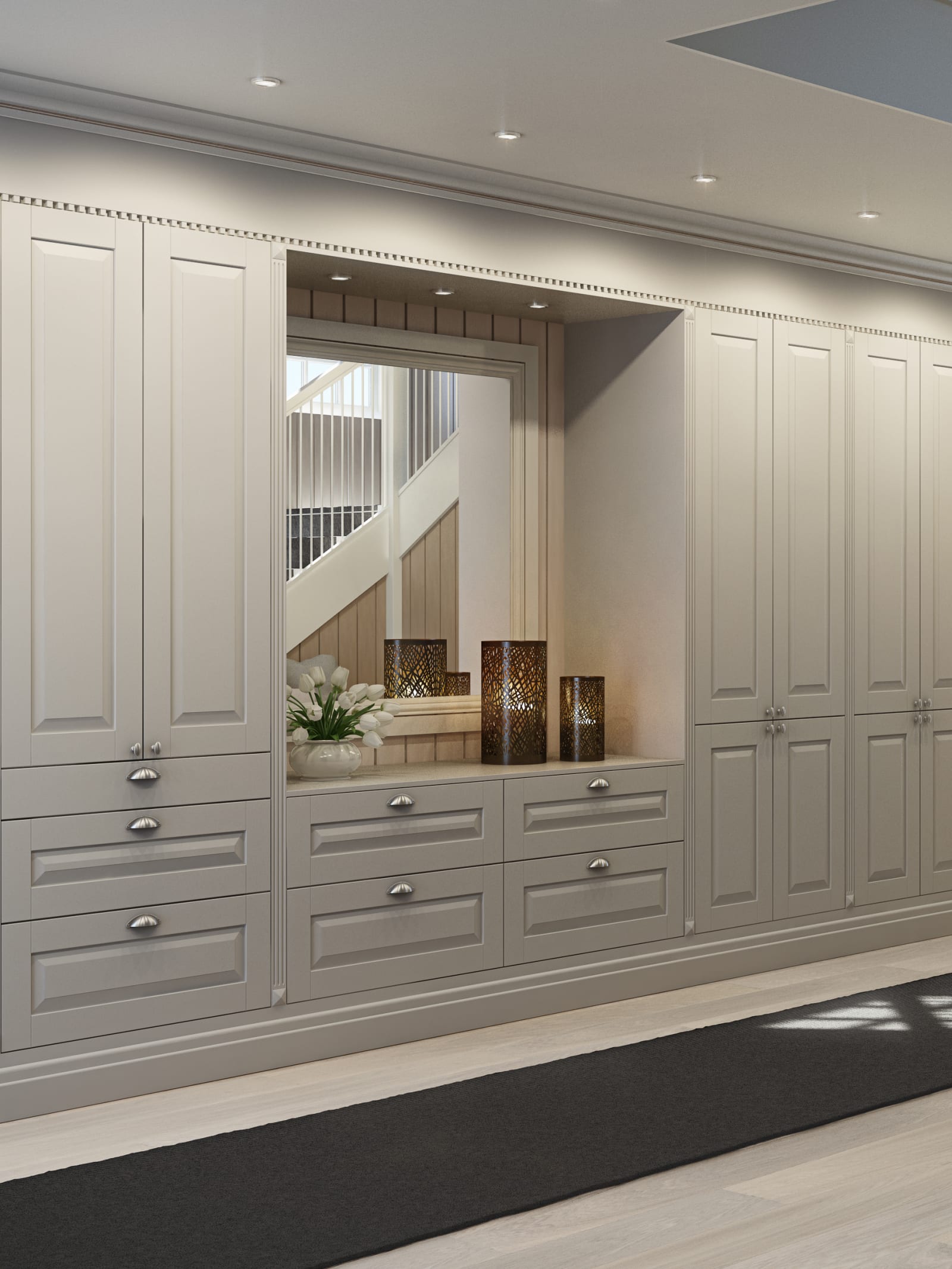 Enten du vil bygge et innbydende inngangsparti eller en plassrik soveromsgarderobe er Herregaard en svært anvendelig modell som kan tilpasse alle romstørrelser og planløsninger. Hjemmet ditt får et herskapelig klassisk preg, med fremtrukket sokkel, profilerte fronter og listverk.