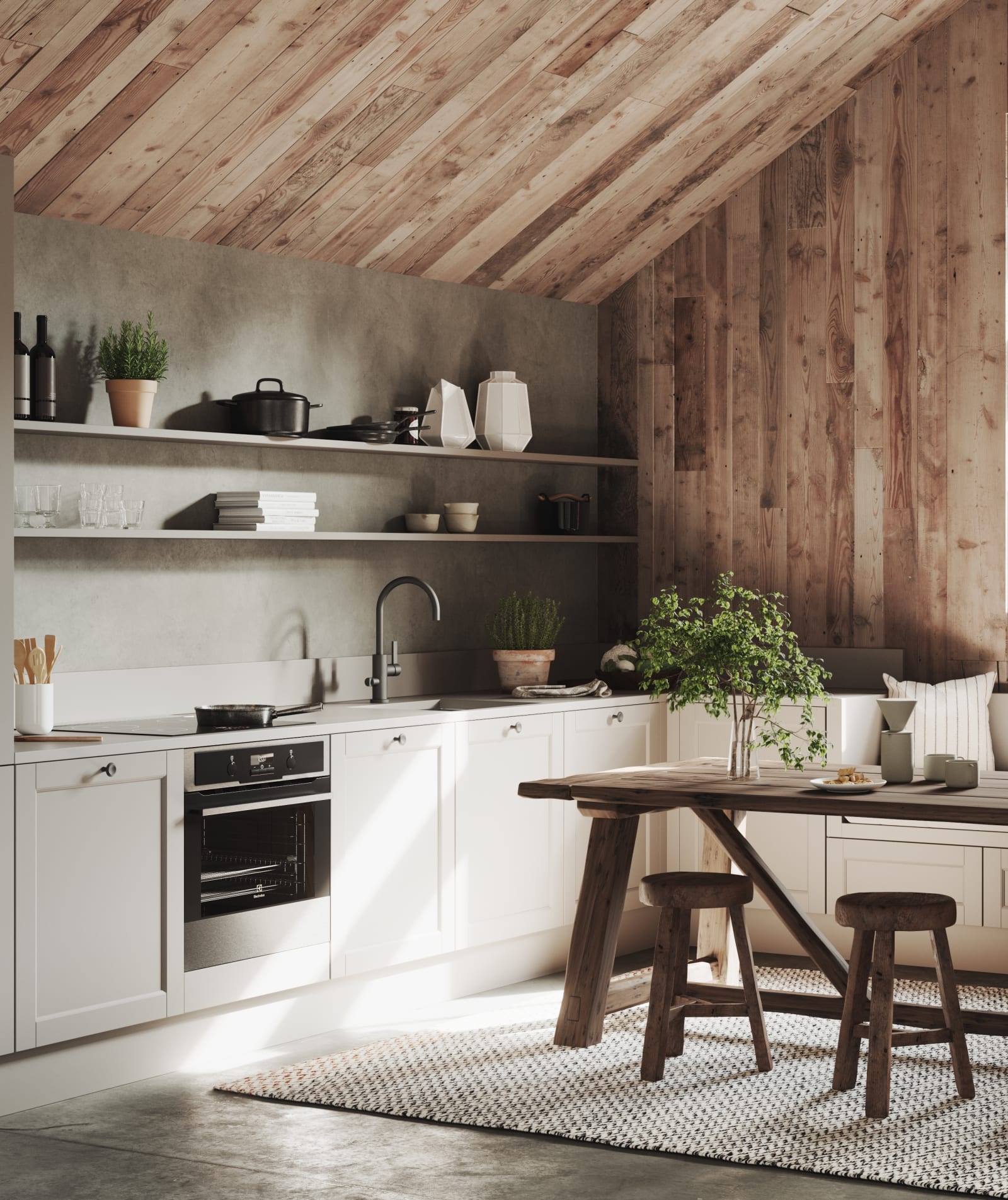 Marbodal Fagerö Frö - kökslucka i gråbeige kulör. Bänkskiva Mullvad Matt i laminat. Handtag Bell svart. Längst väggen en kökssoffa av köksskåp samt långa öppna hyllplan med plats för allt du behöver i kökslivet.