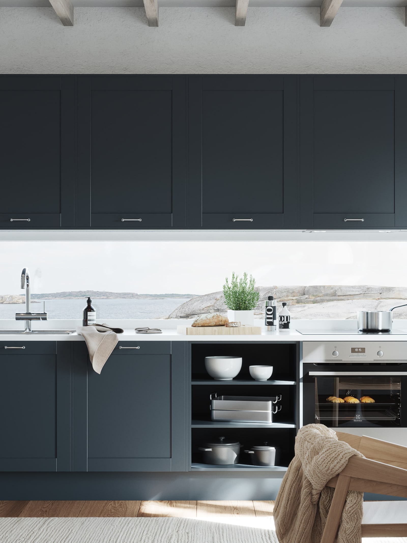 Nett og tidløs crossover-modell. Fronter med enkel ramme og slett fylling, noe som kombinerer vintage kjøkkendesign med et moderne uttrykk.