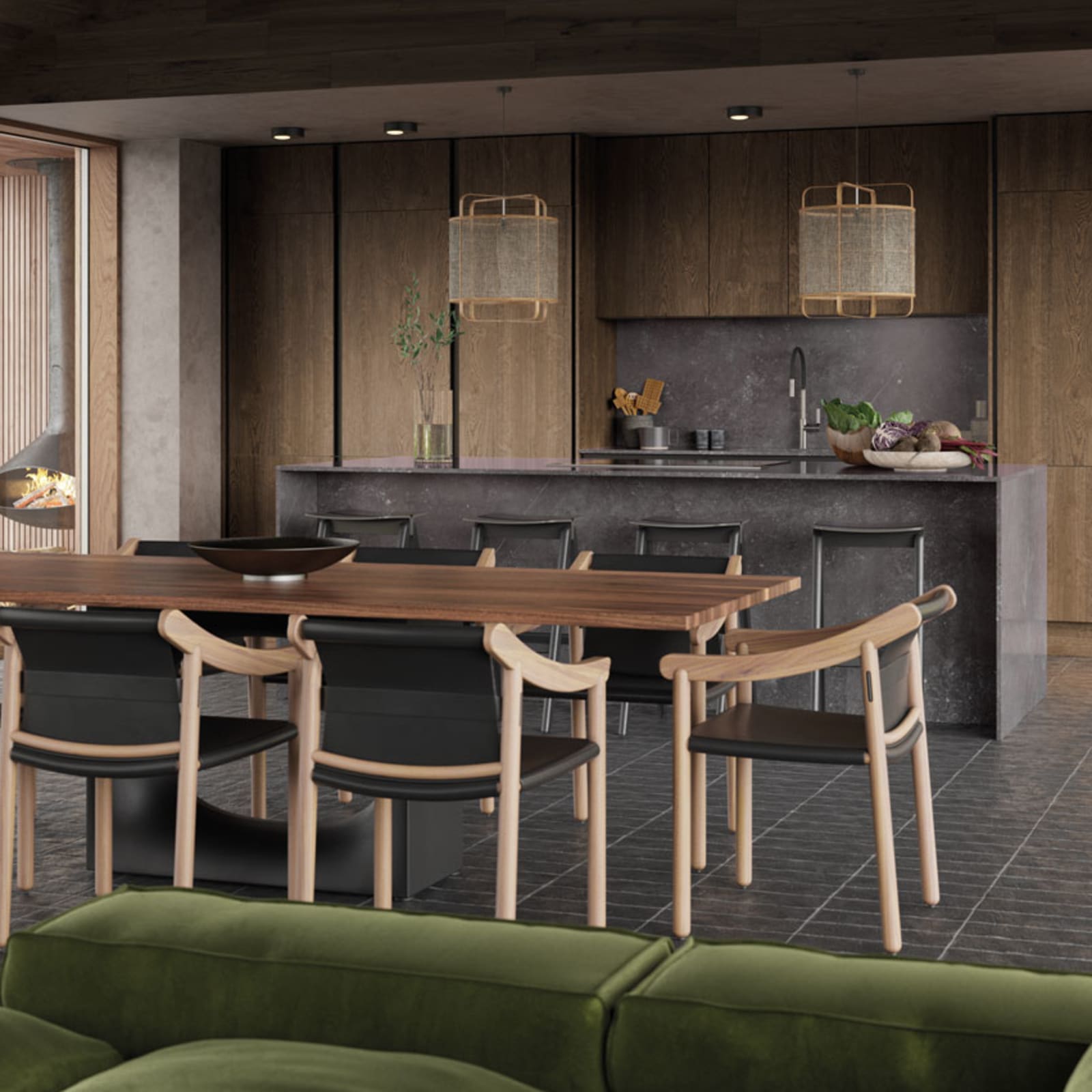 Integra Nordic Nature. Modern kitchen concept with a sleek handless design and fluted oak effect wood doors