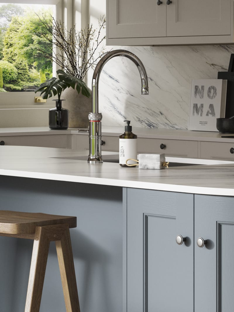 Traditional Shaker-style kitchen range featuring panelled doors with visible woodgrain and beading detail