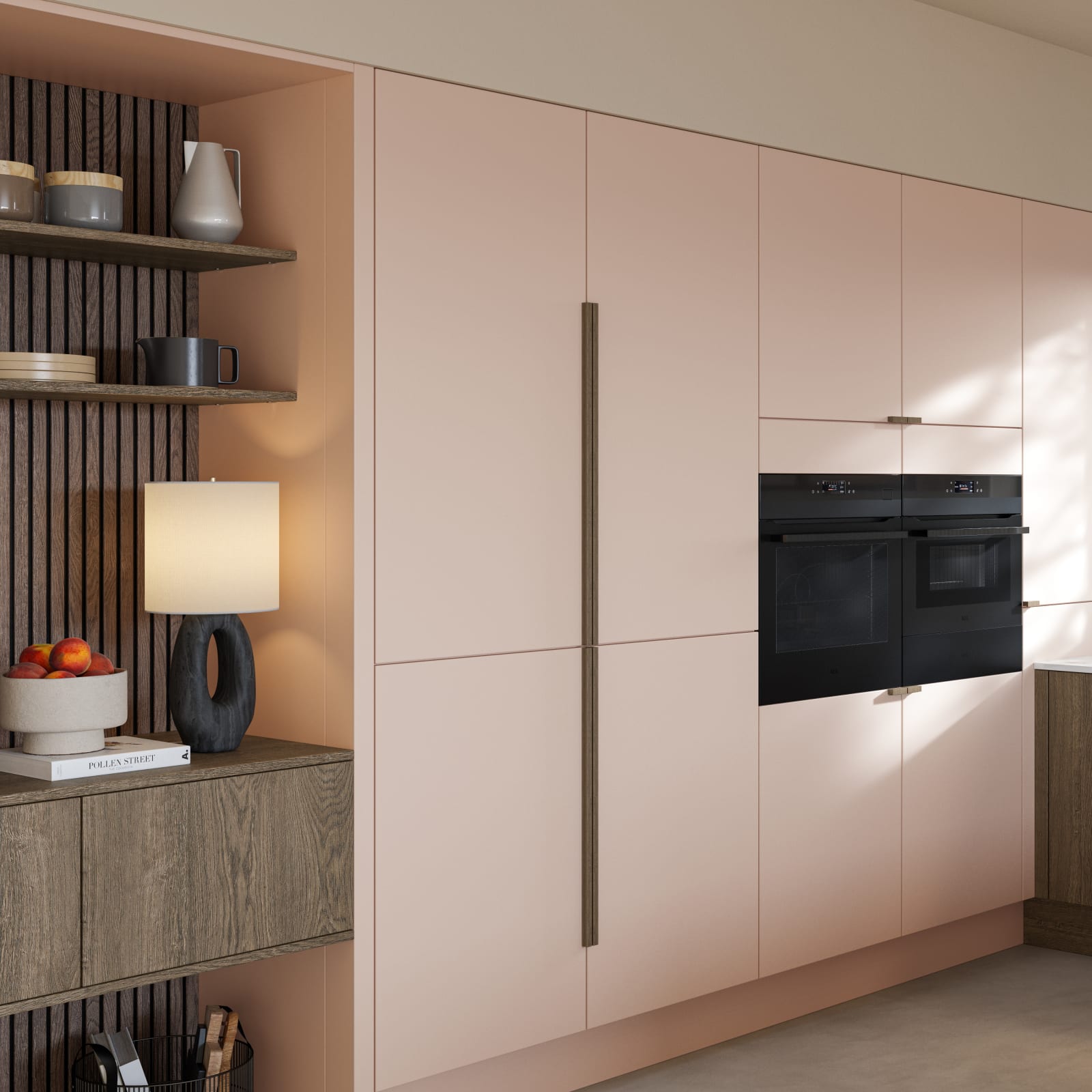 Soho cabinets in shade Chalk Blush, matched with fluted glass display cabinets and oak front cabinetry in Nordic Nature.