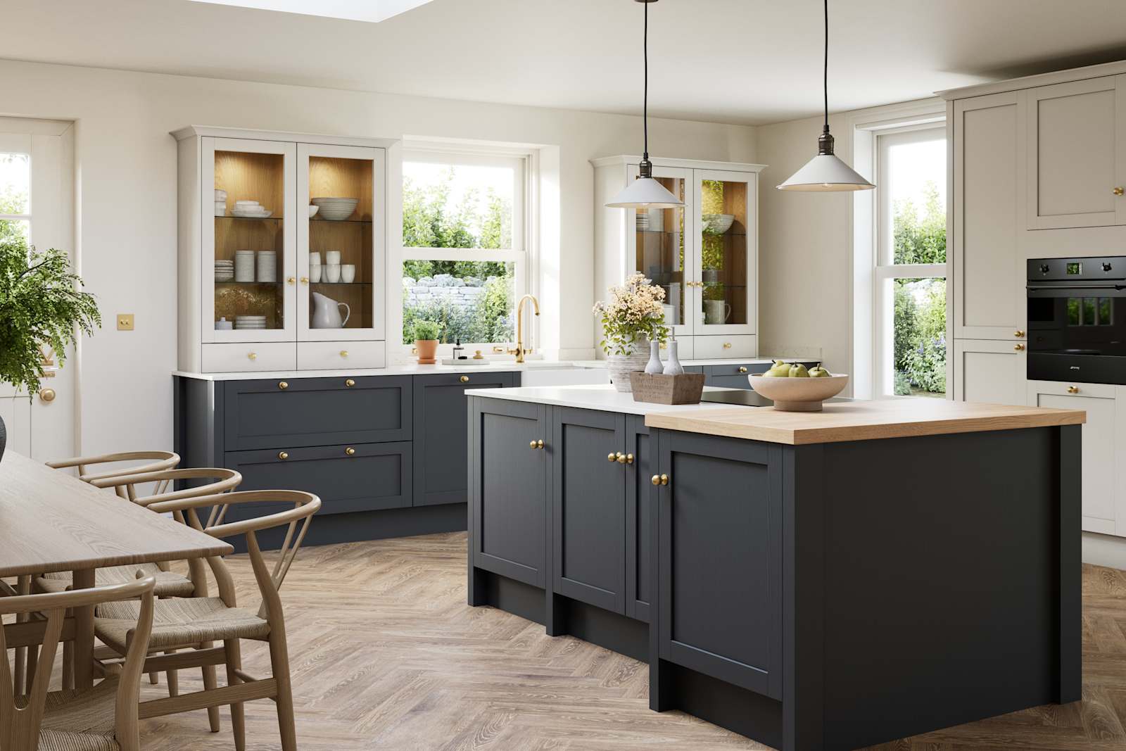 Contemporary Shaker kitchen island Ambleside from Magnet in deep blue shade Lake with beige tall cabinets, herringbone wood flooring and wood diningroom table
