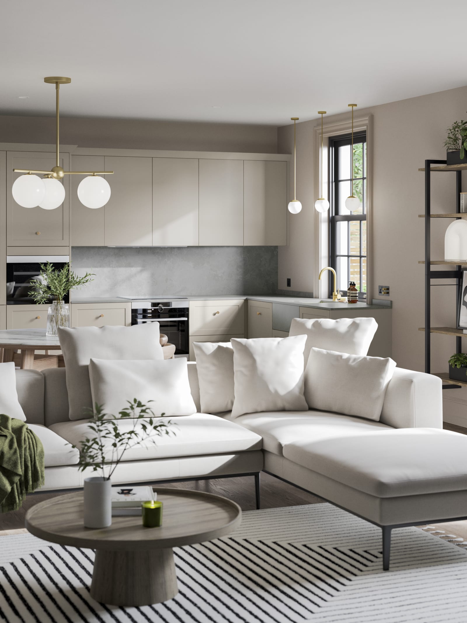 Open plan living room with Dunham kitchen in a creamy light shade.