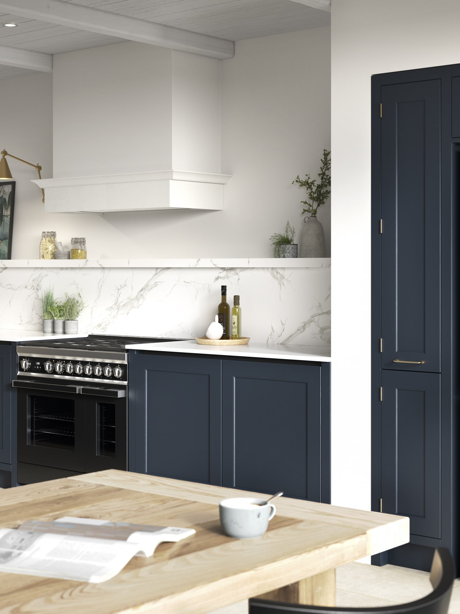 Open plan Shaker style kitchen in shade Midnight, with integrated handles, and an American fridge-freezer.