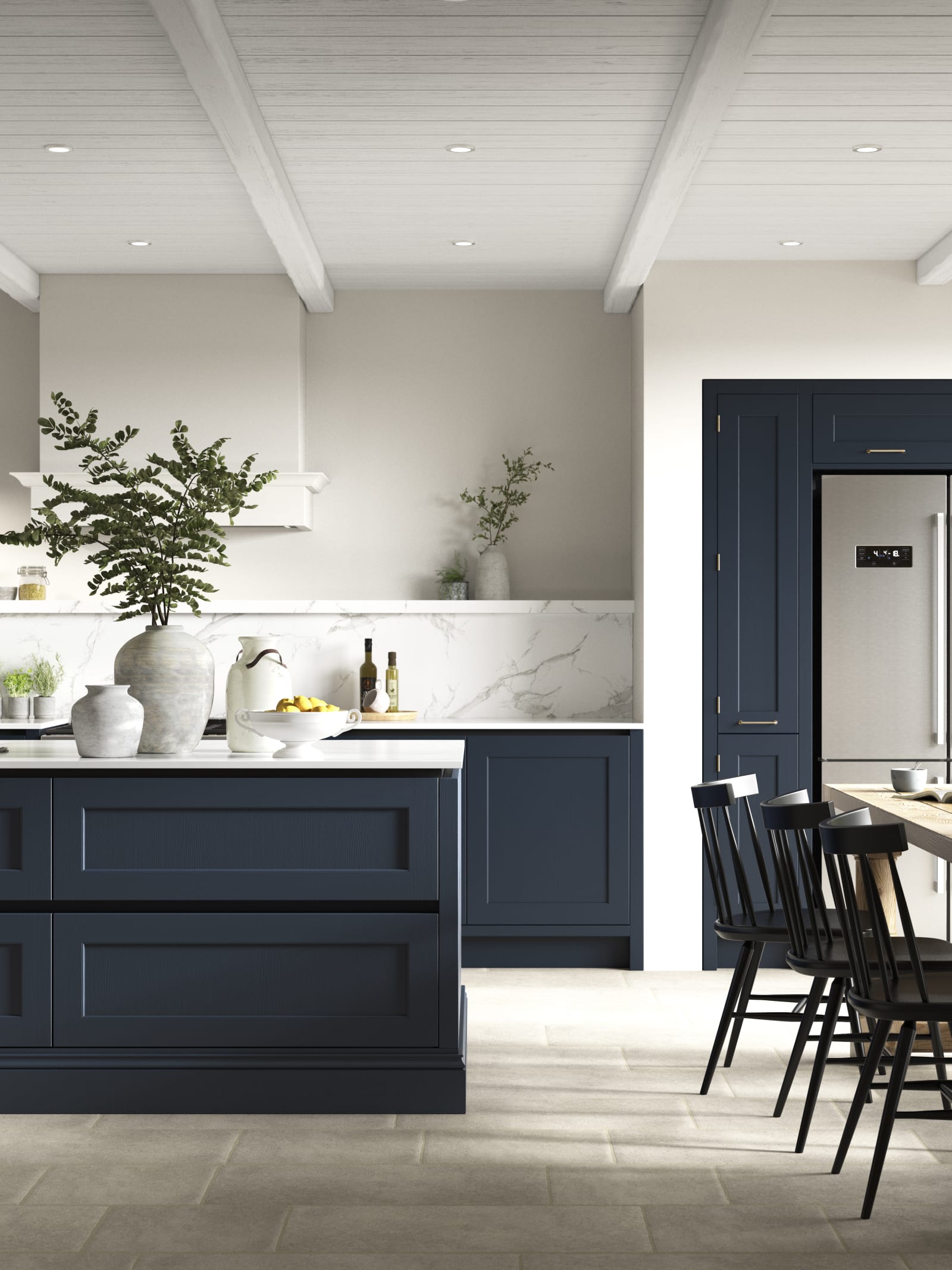 Open plan kitchen with kitchen island. Integra Ludlow is a contemporary take on a Shaker kitchen, with integrated handles.