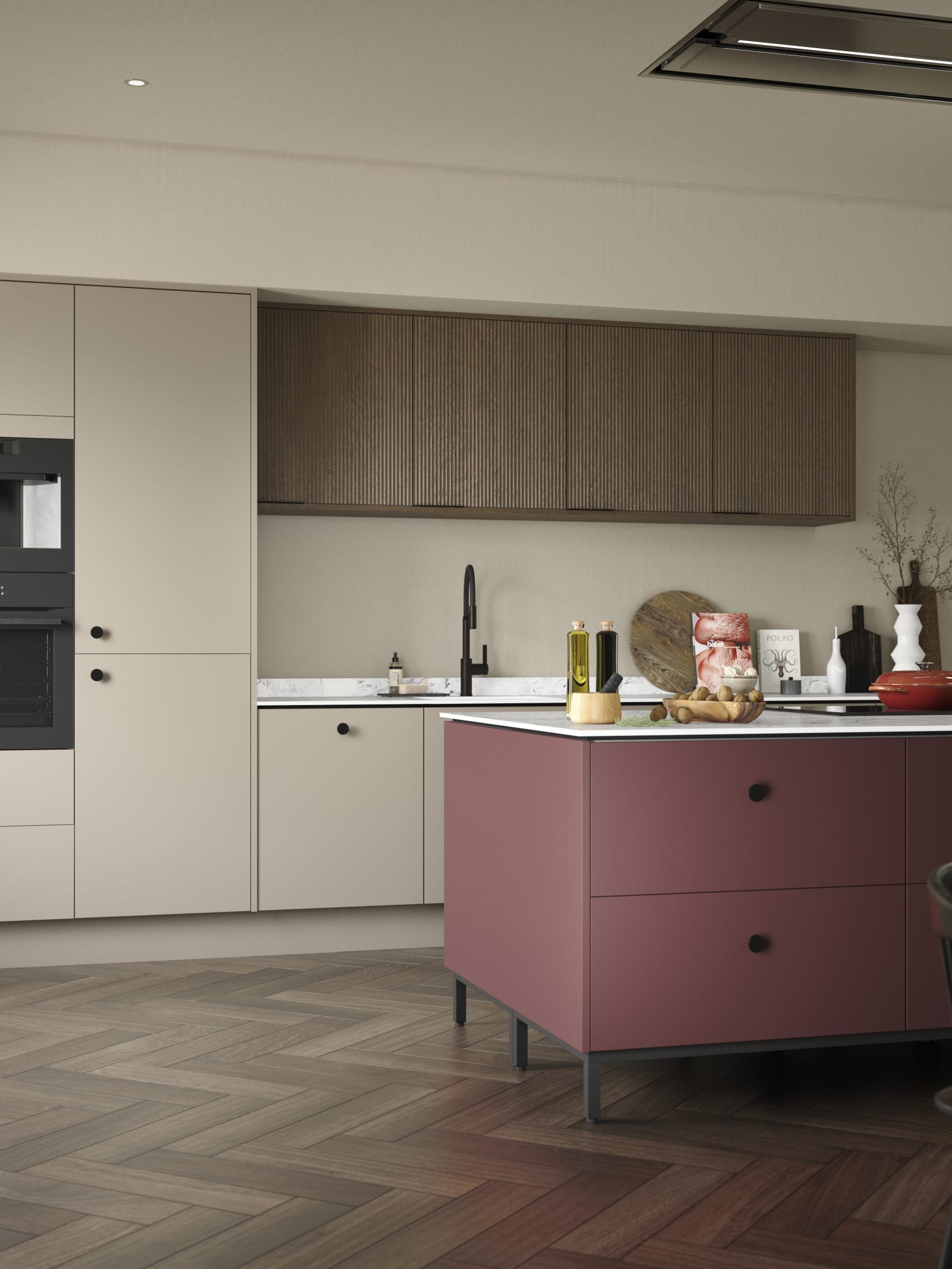 Soho kitchen in neutral color with Nordic Nature fluted oak wall cabinets and Burlington Red kitchen island, a painted premium slab door from Magnet.