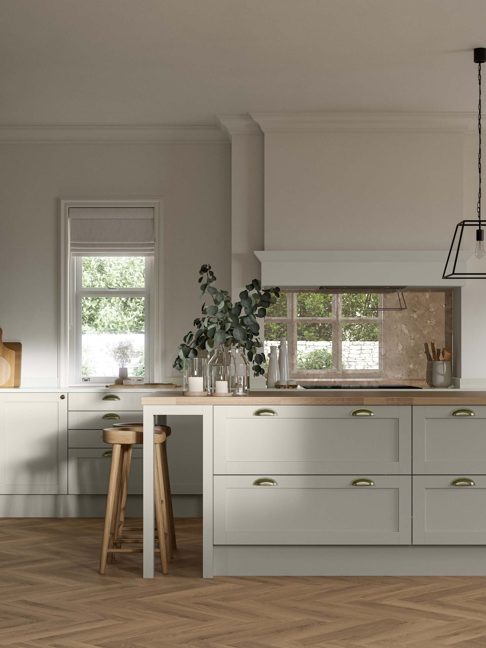 Ambleside kitchen range shown in a home kitchen with blue Shaker cabinets and wood floors.