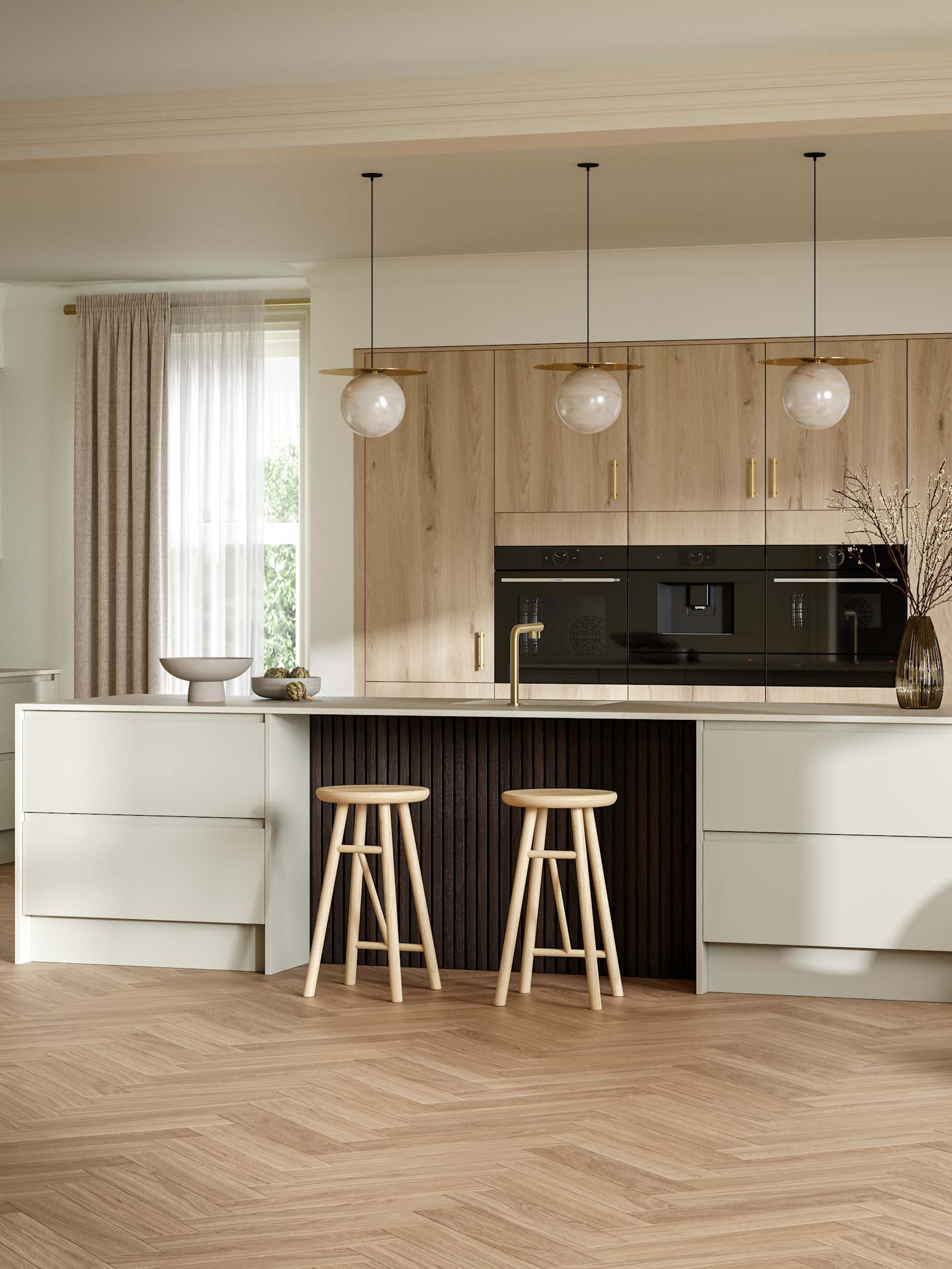 A wide view of a modern open plan kitchen, featuring a breakfast bar within a kitchen island, and full height Portobello woodgrain cabinets.