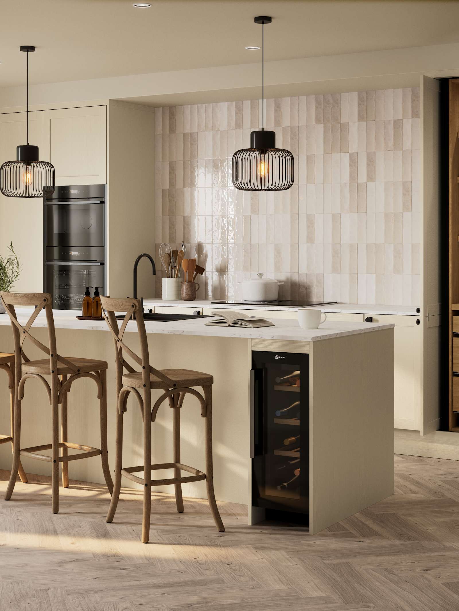 Modern kitchen with island, wooden bar stools, pendant lights, built-in ovens, and tiled backsplash.