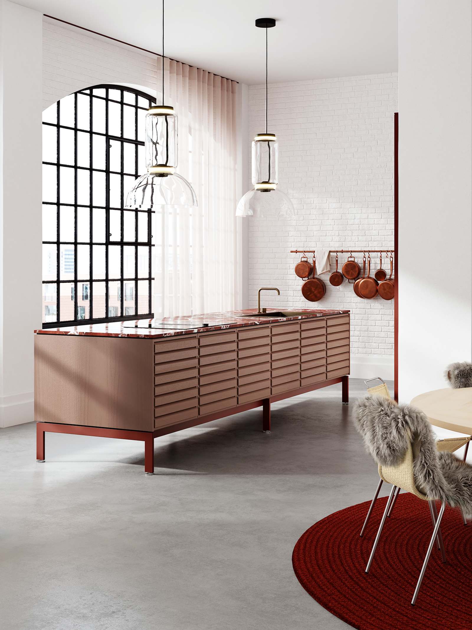 Nye farver til dit køkken? Rosa køkkenø med Burgundy Red benstel