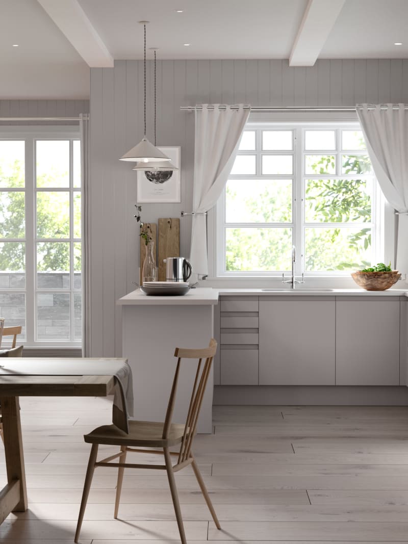 Luna Kitchen from Magnet. An affordable handless look with integrated J Pull doors for a stylish and modern look.