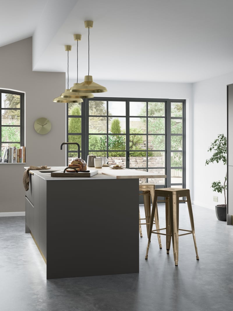 Integra Nova by Magnet. Matt finished handless option with trim brushed in aluminium for a high end feel.