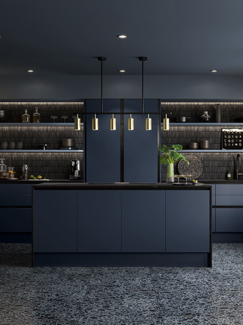 Integra Hoxton Kitchen from Magnet available in metallic midnight blue. Smooth slab doors and a painted effect finish.