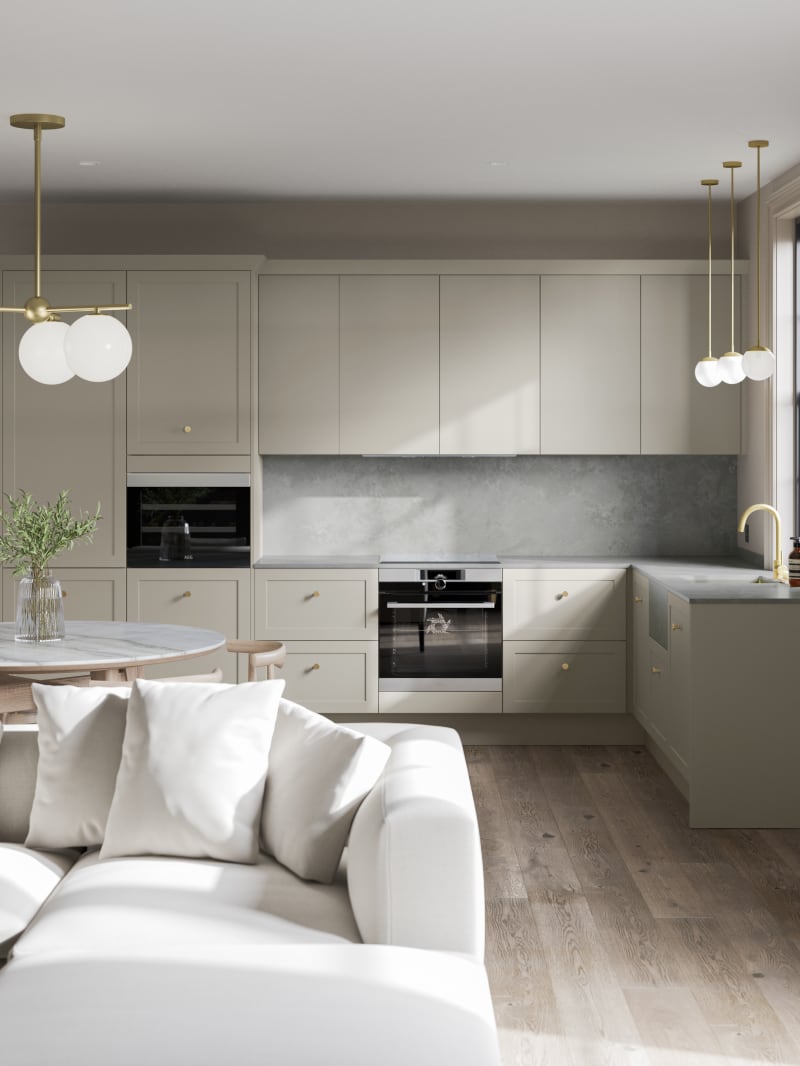 Modern and neutral shade of Dunham kitchen in an open plan kitchen.