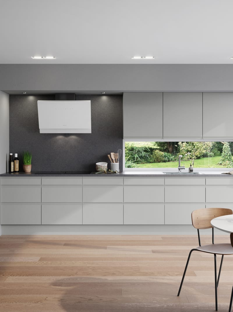 Norema kjøkken Basic Collection Hisøy lys grå grep moderne kjøkken innfreste grep flatpakket kjøkken