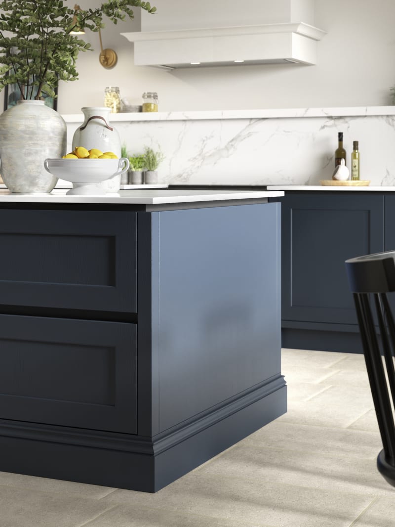 Close-up of kitchen island in Integra Ludlow, a contemporary take on a Shaker kitchen, with integrated handles.