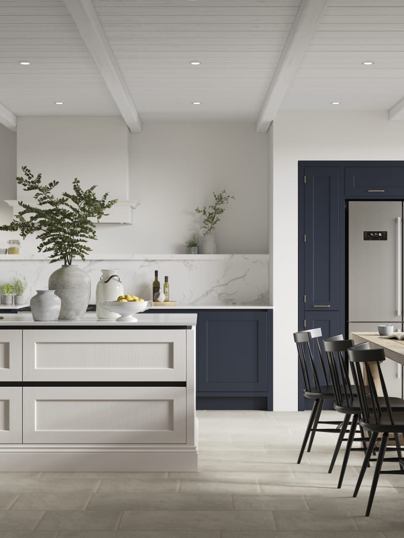 Integra Ludlow in shades Dove Grey and Midnight, a contemporary take on a Shaker kitchen, where the premium frontal features panelled doors with integrated handles.