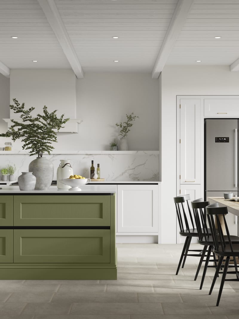 Integra Ludlow in shades Green olives and Fresh Linen, a contemporary take on a Shaker kitchen, where the premium frontal features panelled doors with integrated handles.