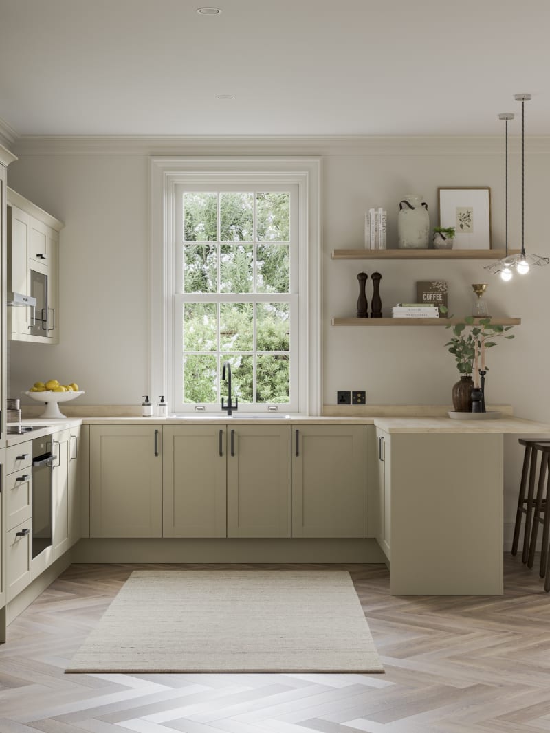 Tatton Sage kitchen from Magnet, a contemporary narrow frame shaker door.