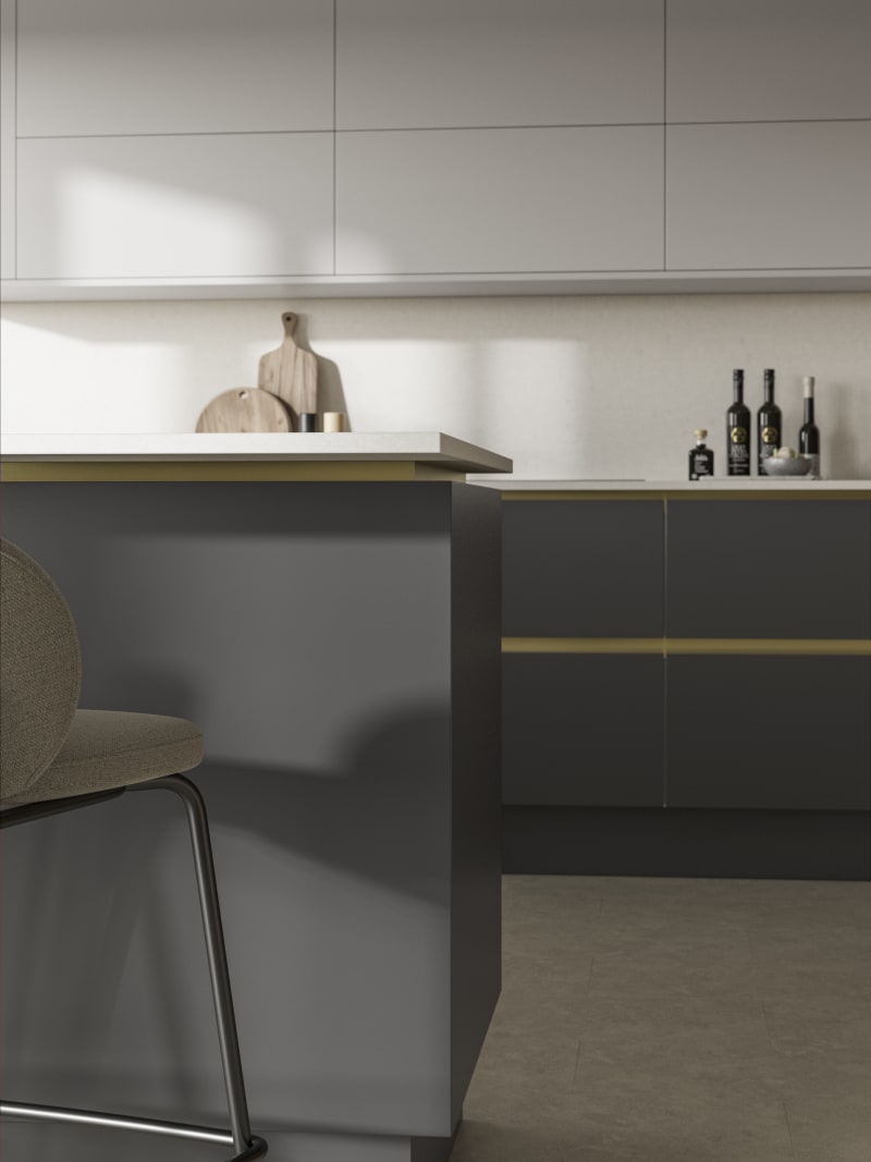 Modern and minimalist Integra Soho Charcoal kitchen, a frameless slab door with integrated handles in a smooth paint finish.