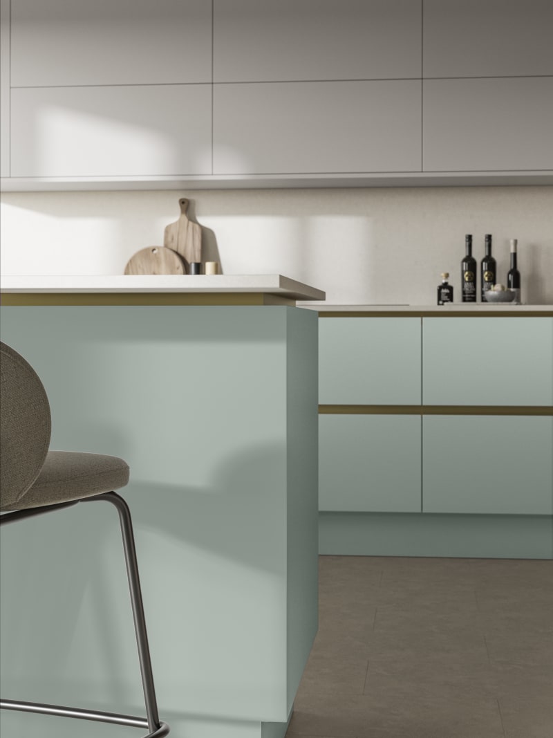 Modern and minimalist Integra Soho Sky kitchen, a frameless slab door with integrated handles in a smooth paint finish.