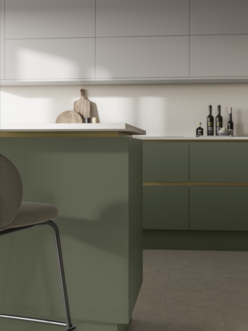 Modern and minimalist Integra Soho Thyme kitchen, a frameless slab door with integrated handles in a smooth paint finish.