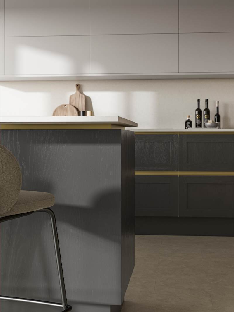 Handleless Shaker kitchen Integra Wardley Charcoal is traditional and contemporary with its narrow frame door with integrated handles and a painted timber finish.