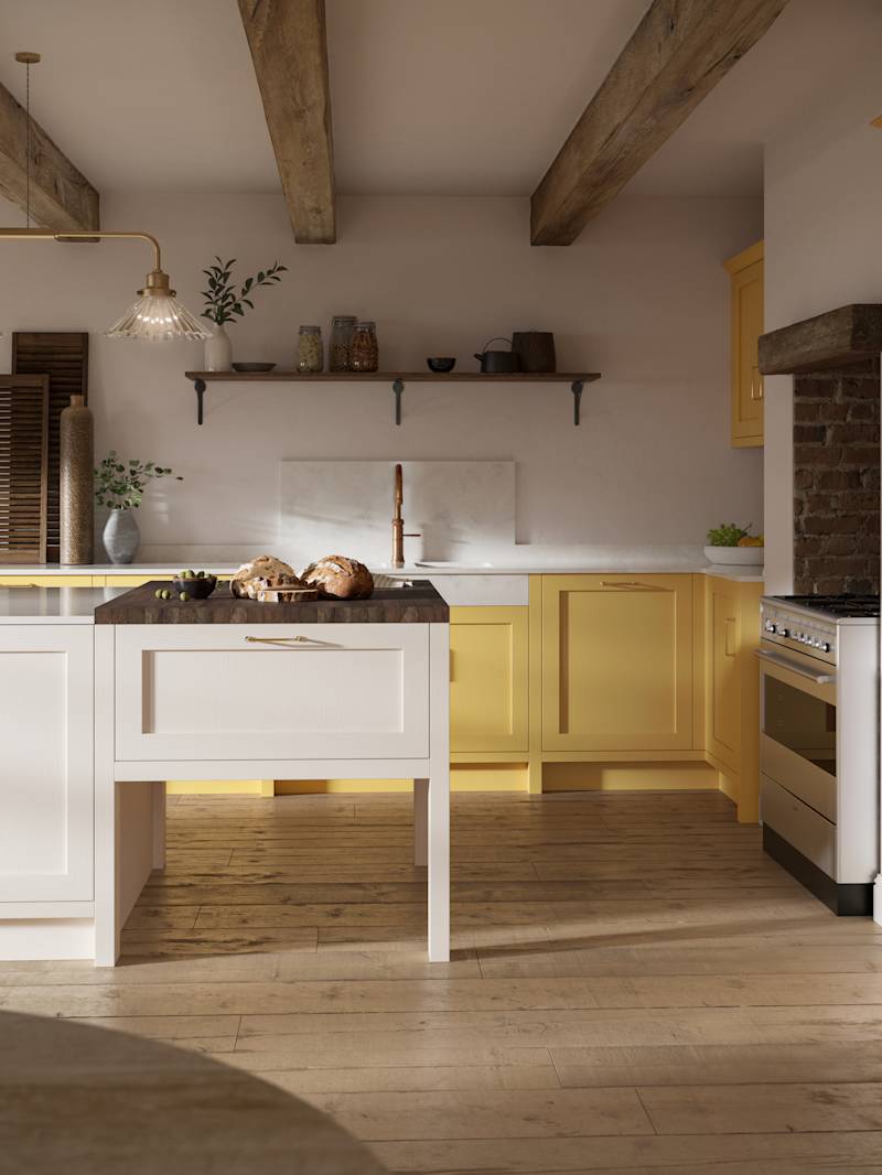 Open floorplan shaker kitchen in the bright and beautiful yellow shade Harvest, paired with a kitchen island with matching frame door cabinets in Limestone.