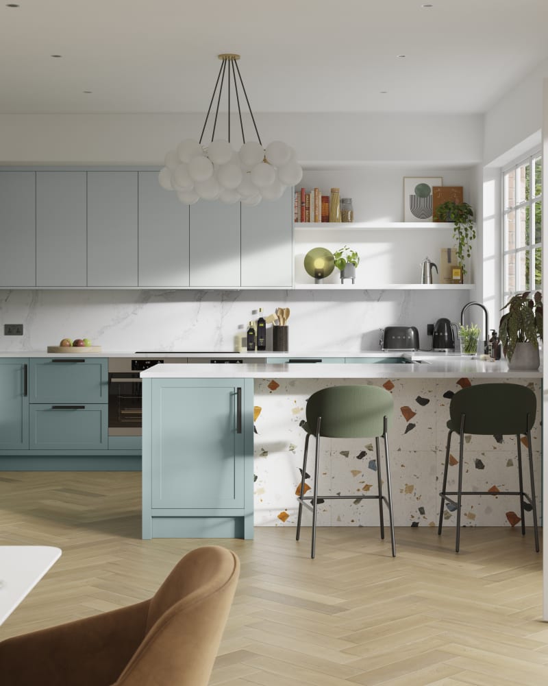 Dunham in Morris Blue and Washed Cotton with its thin frame and smooth painted finish with no visible woodgrain, provide a contemporary feel to a traditional look.
